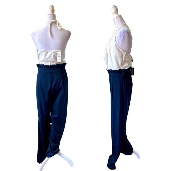 Fashion Nova Pearl Accented Halter Top Jumpsuit Navy and Off White Size L - Picture 3 of 10